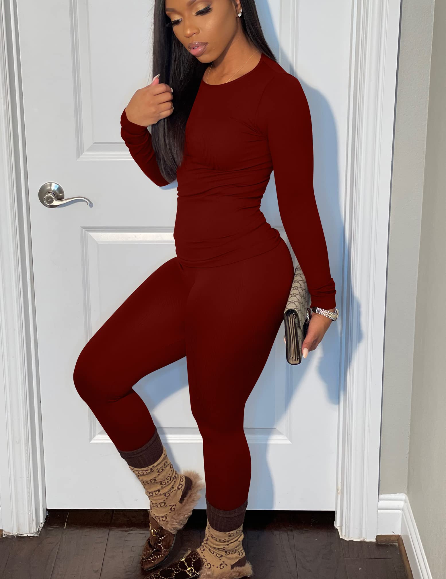 BORIFLORS Damskie 2-częściowe stroje treningowe z długim rękawem top jogger legginsy zestawy, czerwony (wine red), L