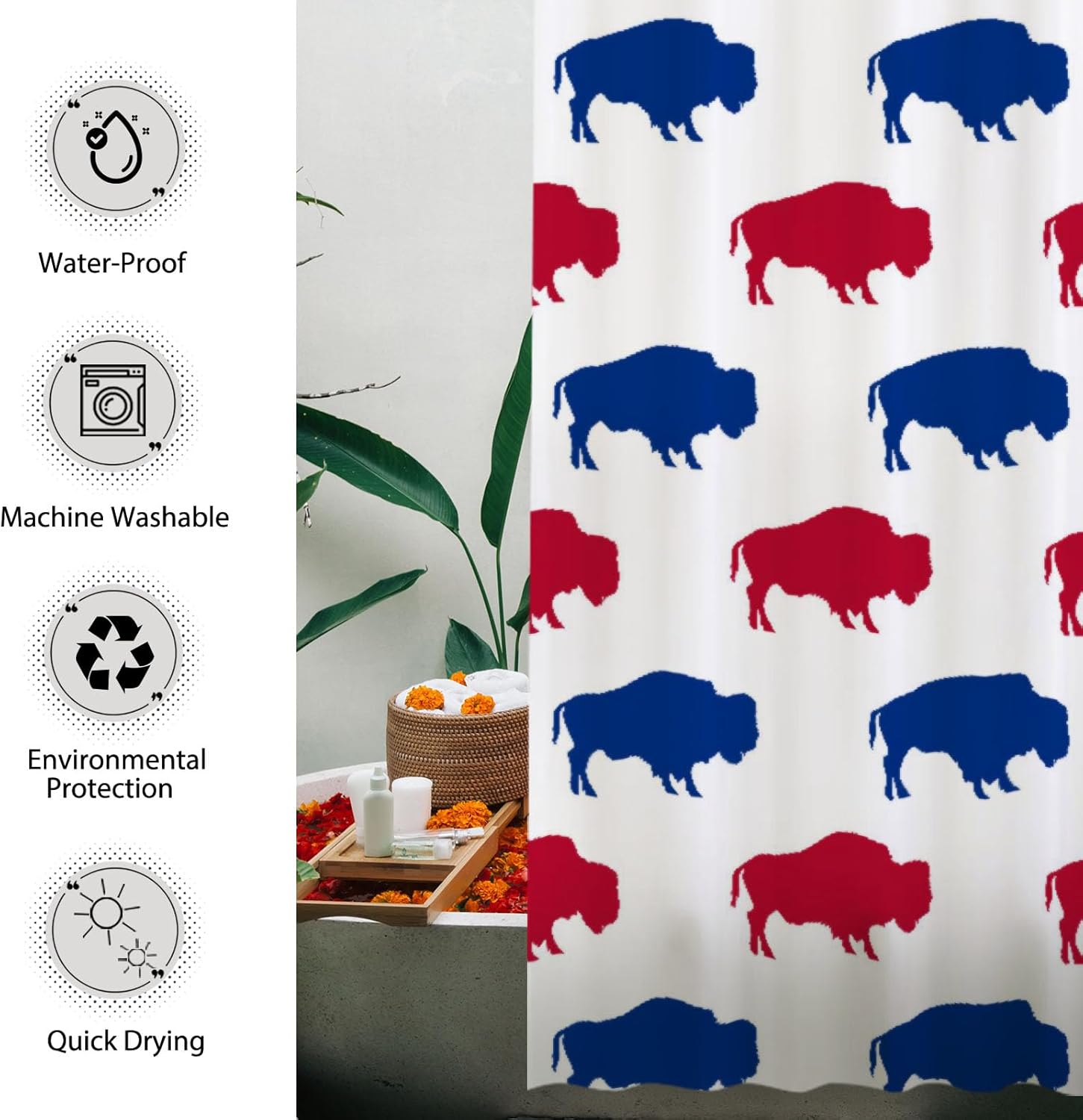 Funnytree 72"X72" Red Blue Buffalo Shower Curtain Animal Silhouette Pattern Bathroom Decor Waterproof Fabric Durable Easy Care Washable(Hooks Not Included)