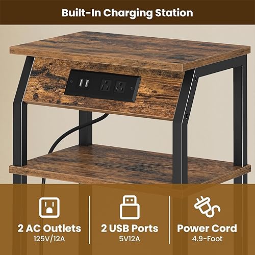 Miniatura 4 de Mesa auxiliar alta con almacenamiento, mesa auxiliar pequeña de 3 niveles con estación de carga, soporte de mesita de noche estrecho, mesita de