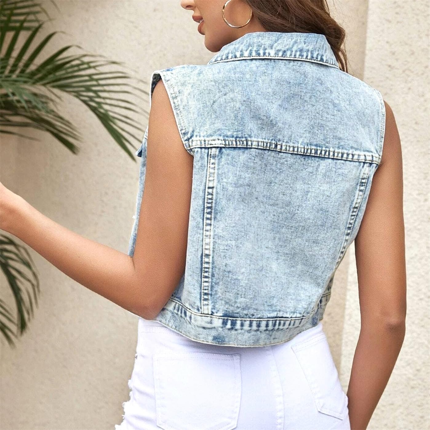 LifeShe Cropped Denim Vest Women Distressed Sleeveless Jean Jacket Casual Spread Collar Button Down Waistcoat - Image 2