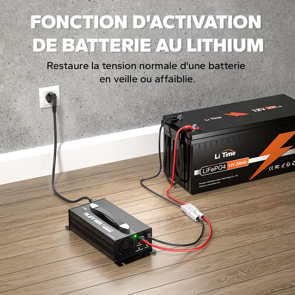 LiTime Chargeur de Batterie 40A LiFePO4 Lithium 14.6V - Chargeur Intelligent pour Batteries LiFePO4 12V/12.8V – avec Affichage LED, Interrupteur Marche/Arrêt, Connecteur Anderson (AC-DC)