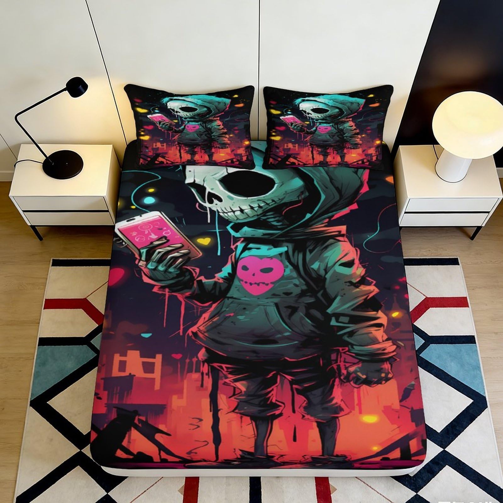 3D Printed Urban Skull Hoodie Fitted Sheet Microfiber Soft Durable Neon Street Art Mattress Cover for Bedroom Dormitory Guest Room Protection Decor 160x200x25cm