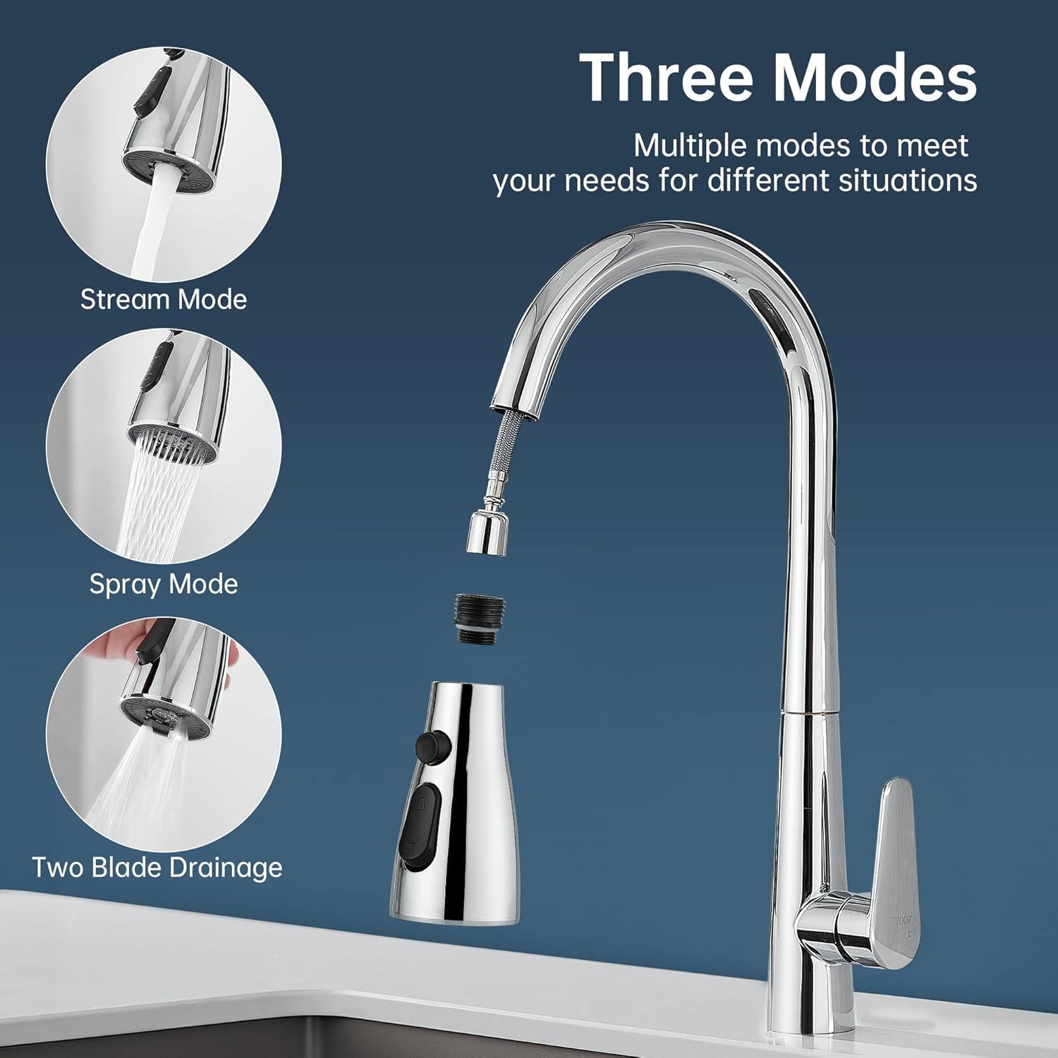 Kitchen Faucet Head Replacement,3 Modes Pull Down Spray Head With 11 Adapters，Kitchen Sink Spray Nozzle Compatible With Moen, American Standard, Delta, Kohler Faucets, Chrome，Rust Proof