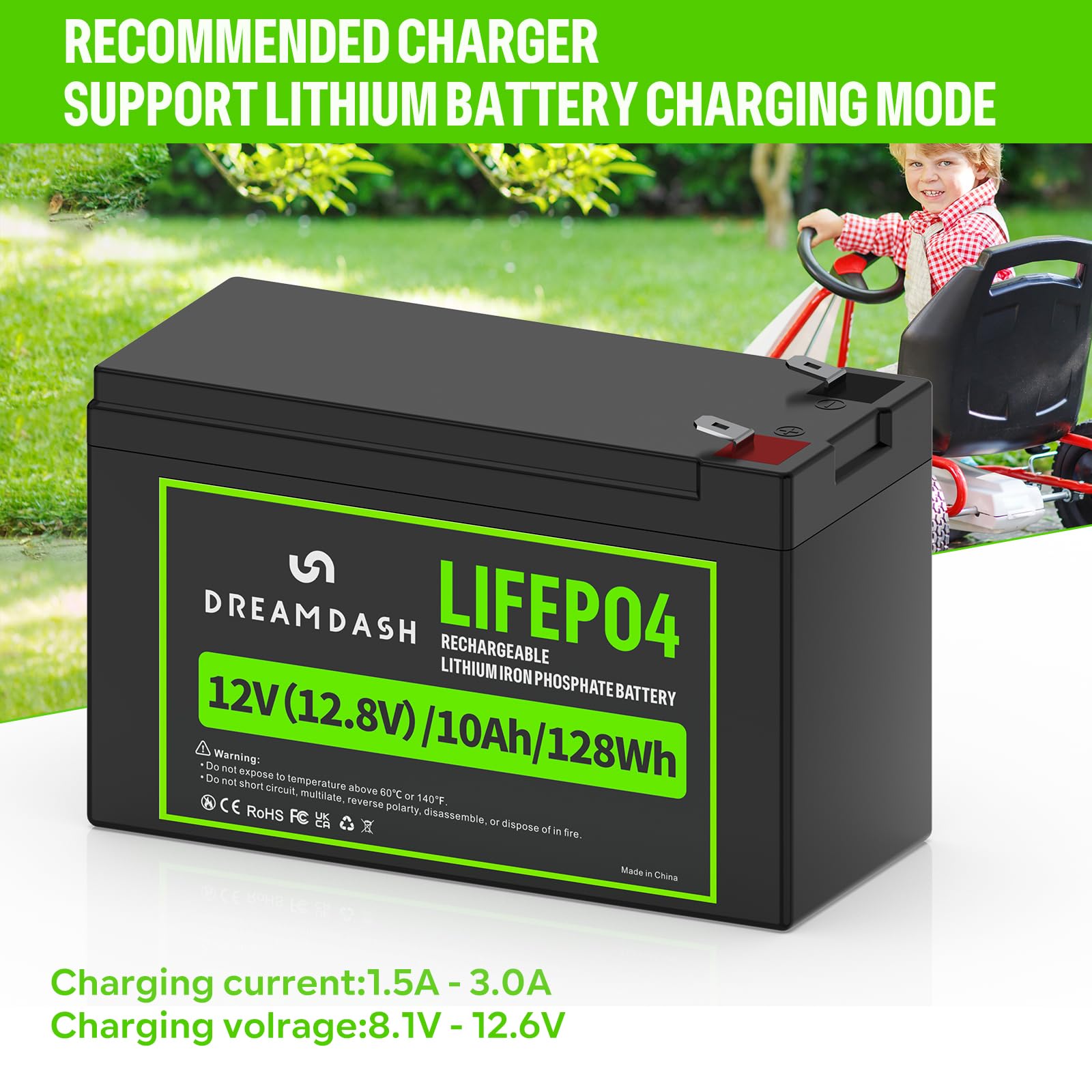 12V Batterie 10Ah LiFePO4 Akku Wiederaufladbare, 3000+ Zyklen bei 80% DOD, IP55, funktioniert von -20 ℃ bis 60 ℃, für Kinderfahrzeug, Kinderauto, Kinder Elektroauto, USV, E-Bike, Beleuchtung, Roller