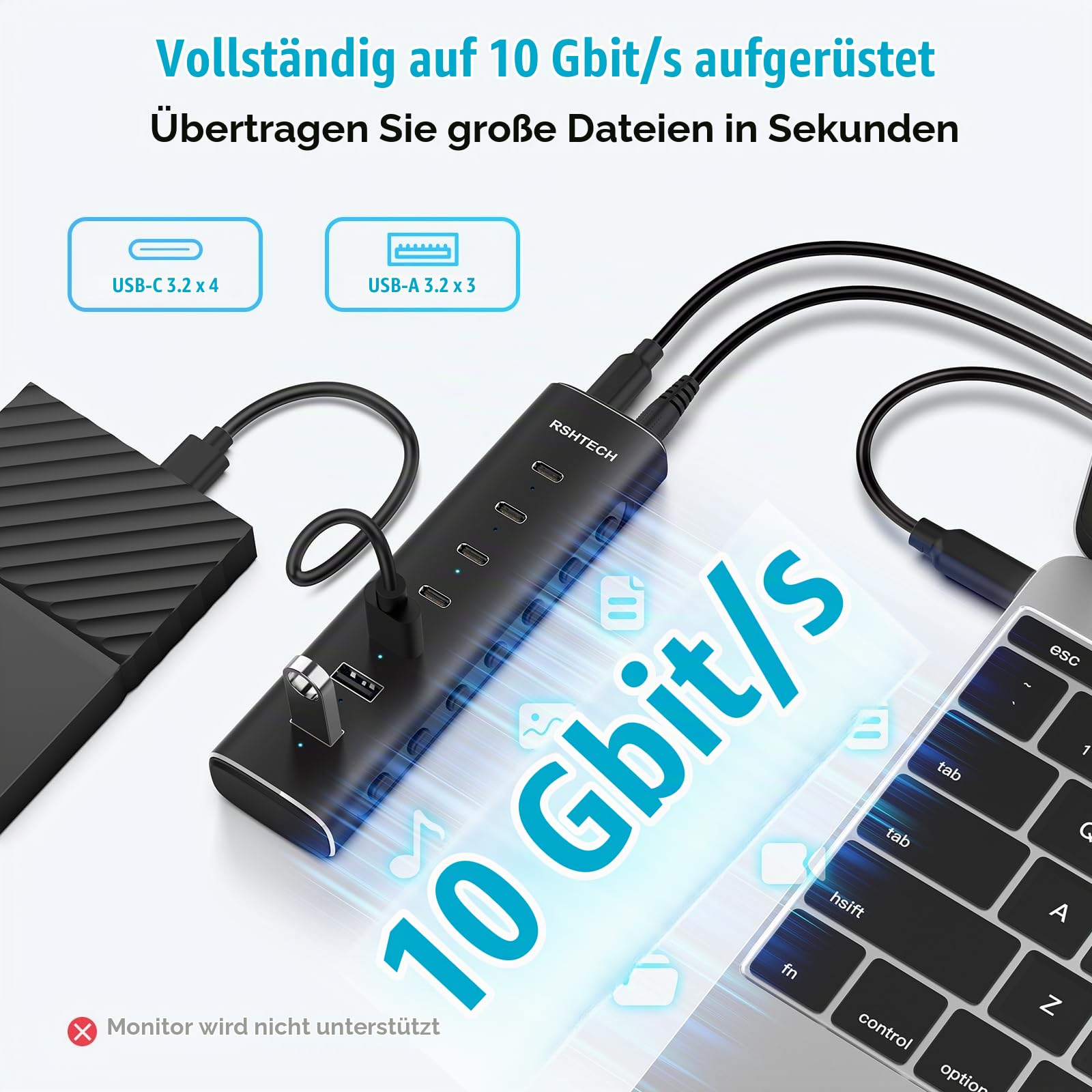 RSHTECH 7-Port-USB C Hub 3.2 mit Unabhängigem Schalter, alle Anschlüsse unterstützen 10 Gbps - 4 Type C, 3 Type A - Mit 12V/3A Netzteil Adapter, 1M Kabel | Aluminium USB-Hub mit Netzadapter 12 V/3 A und abnehmbarem Kabel mit 3,3 Füßen, RSH-H7C4