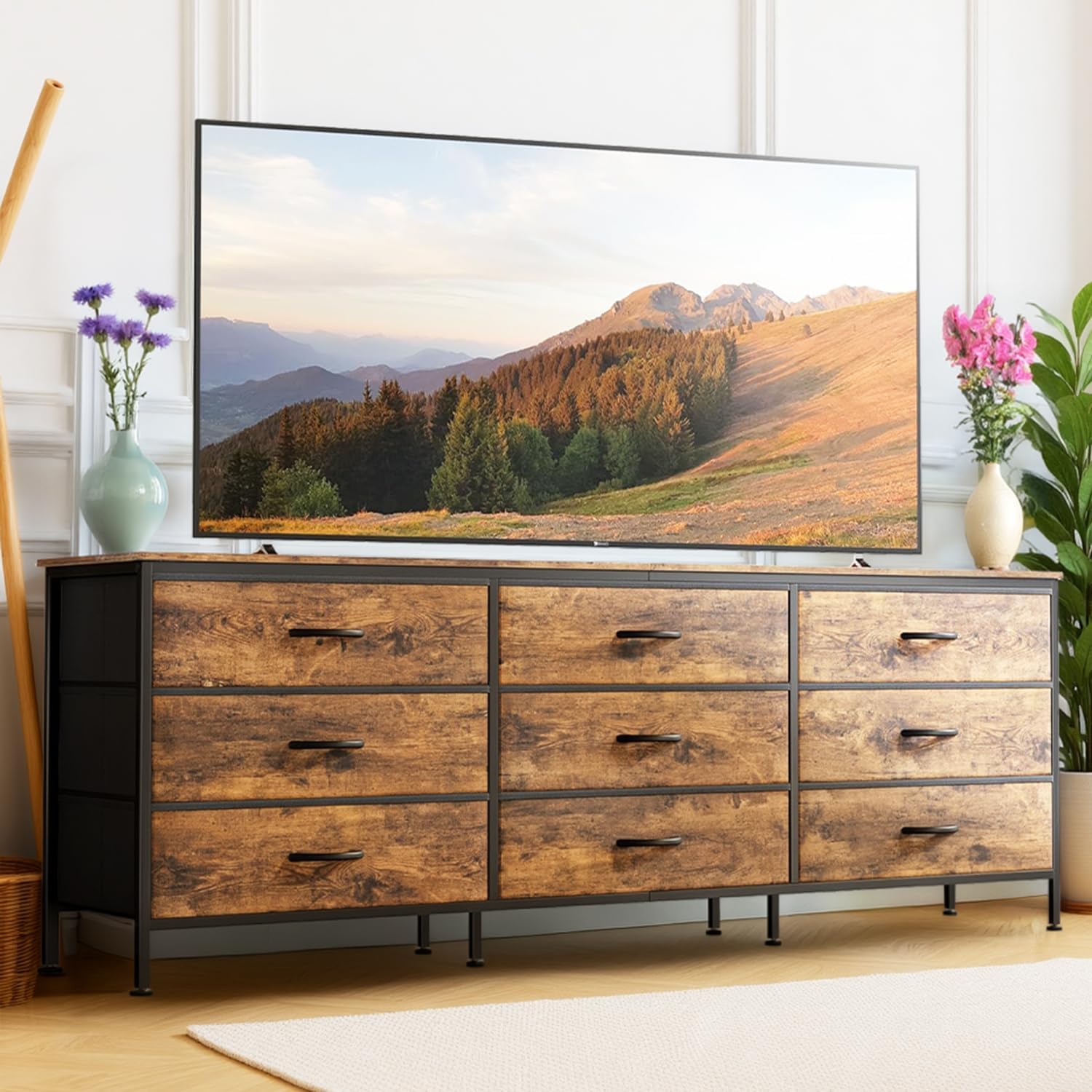 Diagram showing anti-tip kit, support bars, and adjustable feet for the TV stand