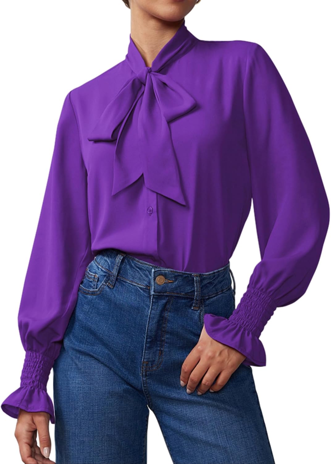 Neweek Chiffon Blouses for Women Bow Tie Neck Long Sleeve Dressy Casual Smocked Cuffed Shirts Office Work Blouse Elegant Tops