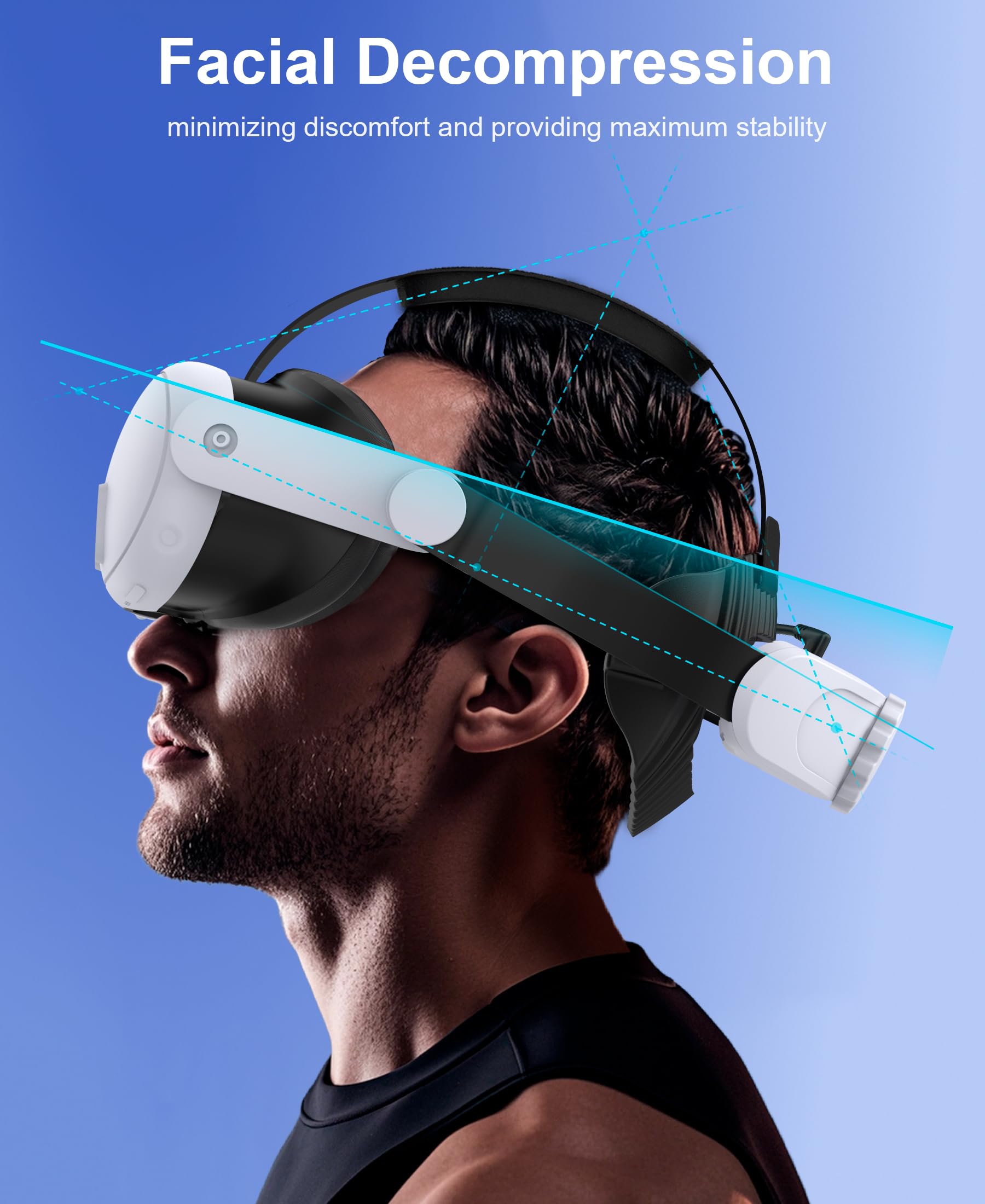 Sangle de tête de batterie compatible avec Meta Quest 3S/3/2, sangle de casque VR avec batterie rechargeable de 8000 mAh soutien amélioré et accessoires de confort pour Oculus Head Strap