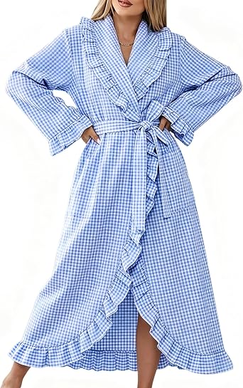 Gihuo Cotton Robes for Women Gingham Long Sleeve Ruffle Trim Bathrobe