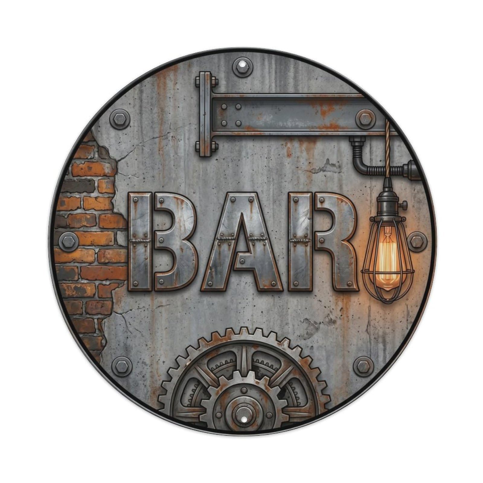 BAR Industrial Loft Ornament Metal Tin Sign Plaque Wall Decor for Cafe, Club Bar, Office, Home Garden Round Metal Poster 8x8Inch