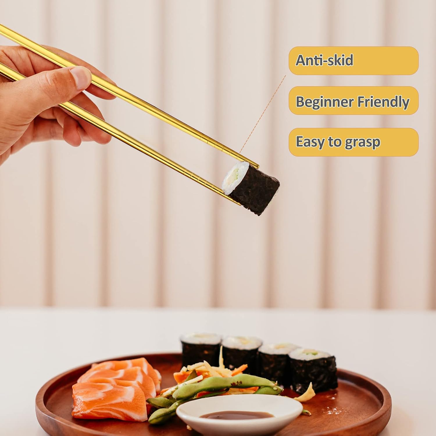 Gold Stainless Steel Chopsticks - Reusable Chopsticks - 5 Pairs Dishwasher Safe Metal Chopsticks - Easy to Use - Pressure Line Lightweight Chop Sticks- Gift Set（9 Inch ）