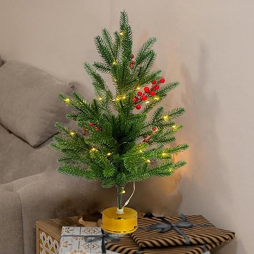 Rotating Artificial Christmas Tree w/Music String Lights Gold Stand Battery Operated Green Fake Trees 2.2ft Realistic Holiday Décor​ Gifts for Indoor Christmas Advent Calendar New Year