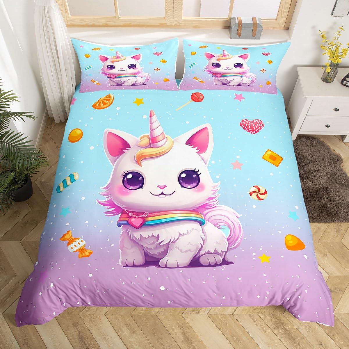 Unicorn Cat Duvet Cover Set Super King Size, Cartoon Stars Candy Comforter Cover with 2 Pillowcases, Kawaii Unicorn Bedding Set 3pcs for Kids Girls Adults Bedroom Decor Lightweight Bedspread Cover โ image 1