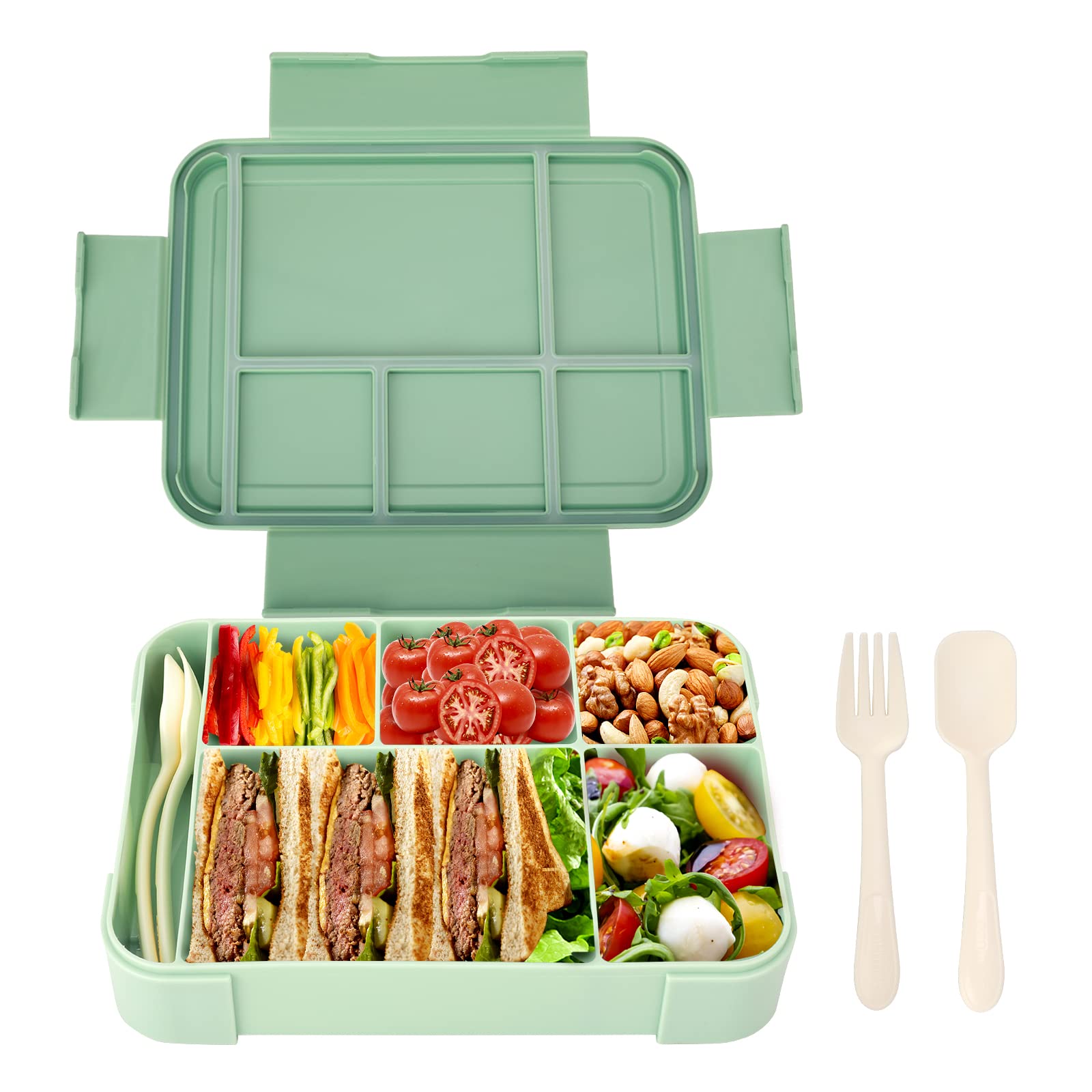 VenspBento box,Kid Lunch Box, Bento Box Adult Lunch Box,Lunch Box Container for Kids/Adults/Toddler,1330ml-6 Compartments&Utensiles, Leak Proof,Microwave/Dishwasher/Refrigerator Safe(Green)