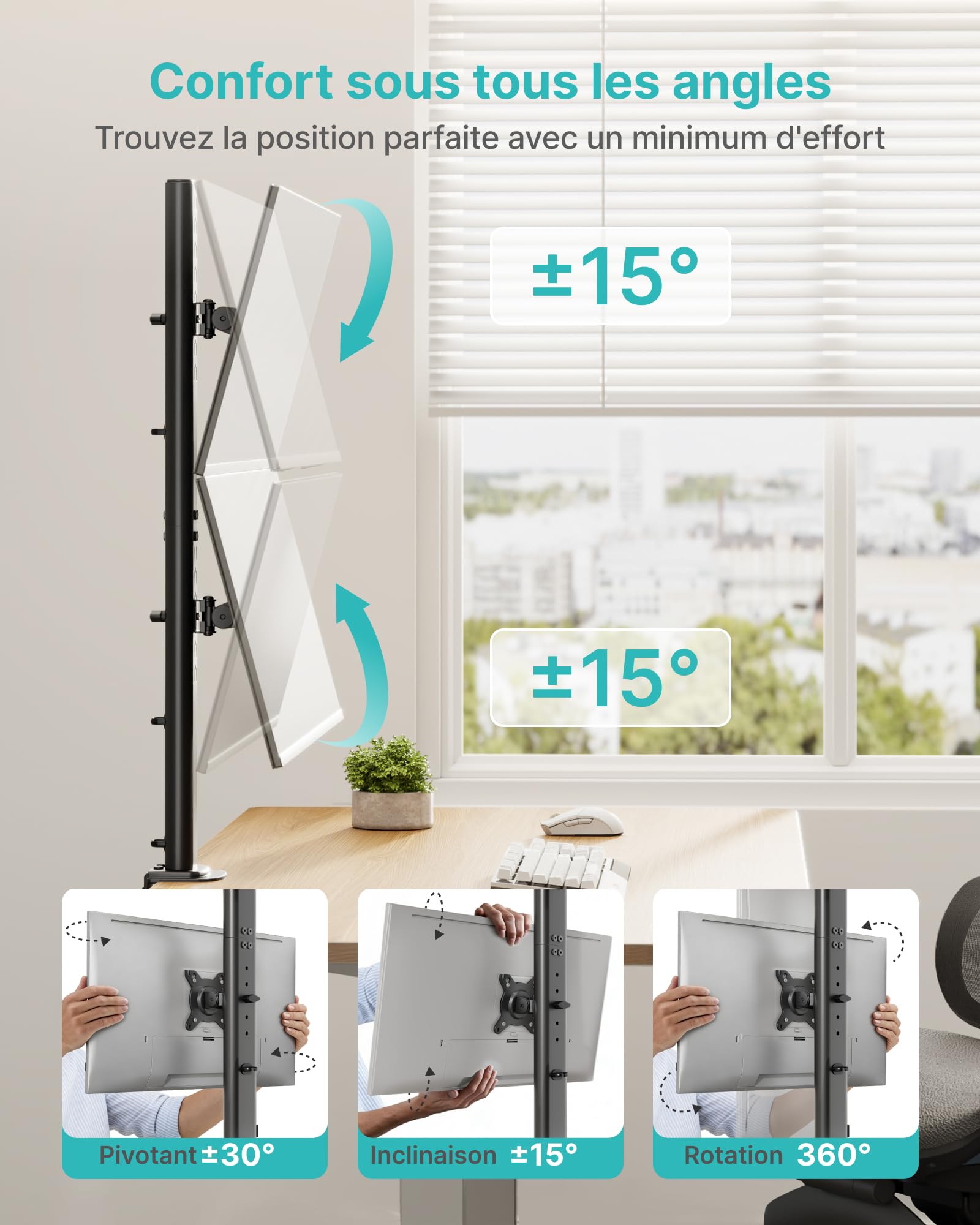 PEGZONE Support double écran pour écrans de 13–34 pouces, bras de moniteur vertical avec deux options de montage, support double réglable en hauteur, VESA 75x75/100x100 mm, jusqu'à 15 kg