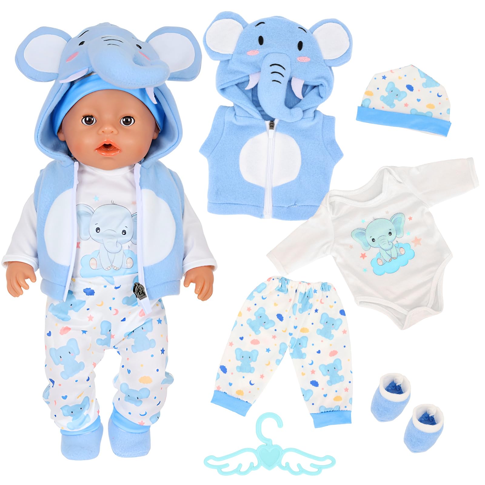 Miunana 6 Pcs Baby Doll Clothes Outfits for 14-18 Inch Dolls, Blue Elephant