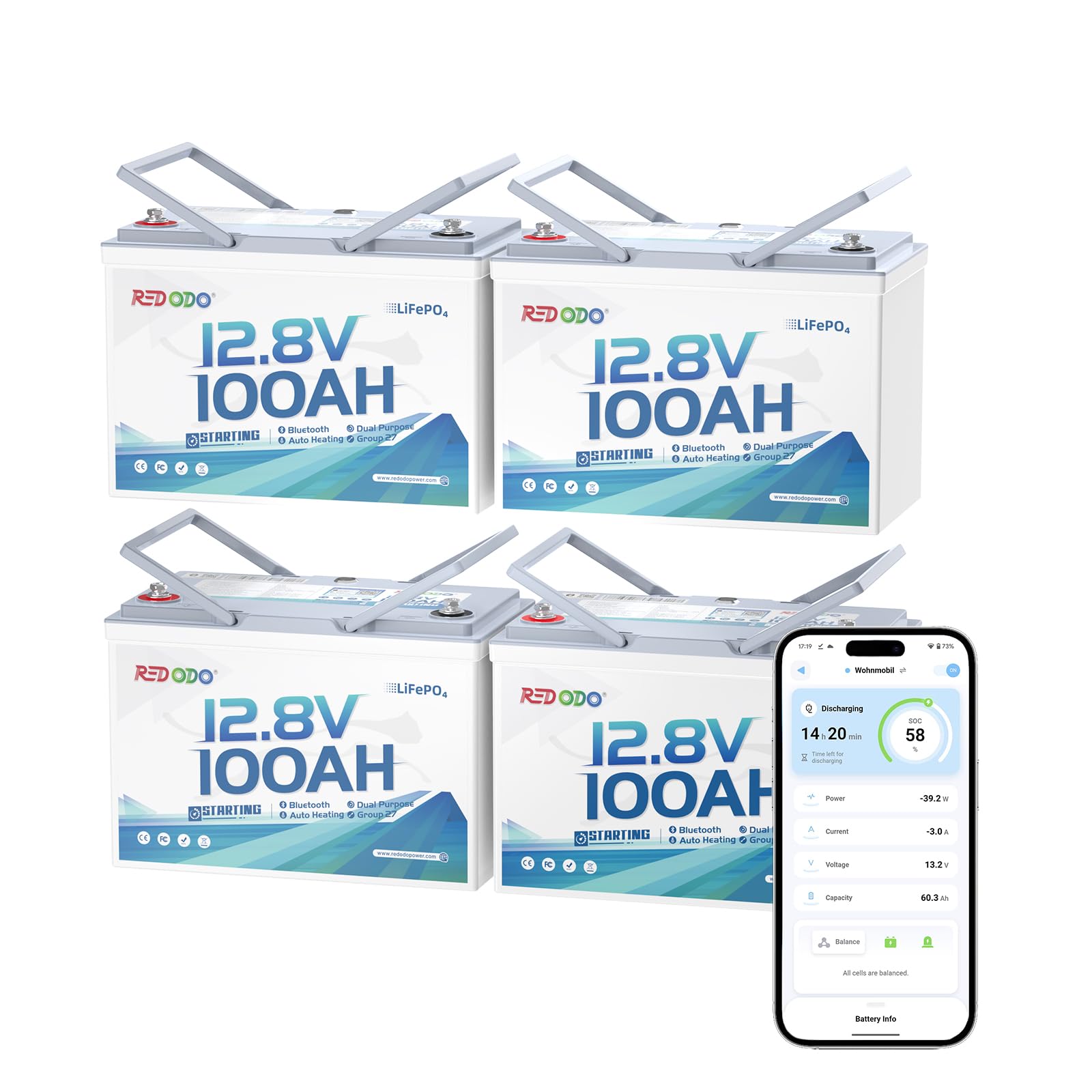 Redodo 12V 100Ah Dual Purpose Group 27 Lithium Marine Battery -4 Pack