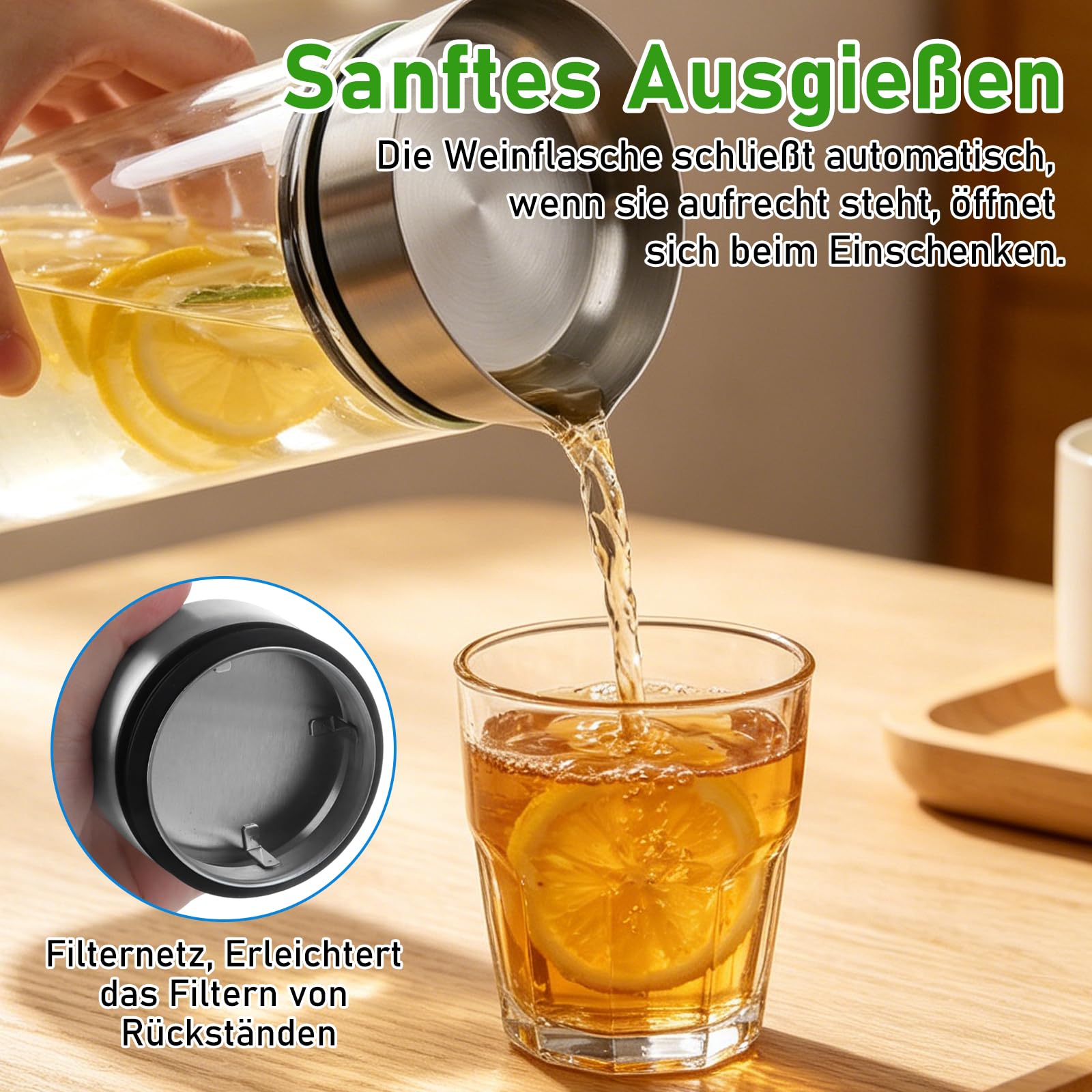 2 caraffe per acqua in vetro da 1500 ml con coperchio in acciaio inox, caraffa in vetro con coperchio da 1,5 l, caraffa per acqua con beccuccio, caraffa per acqua in vetro per bevande fatte in