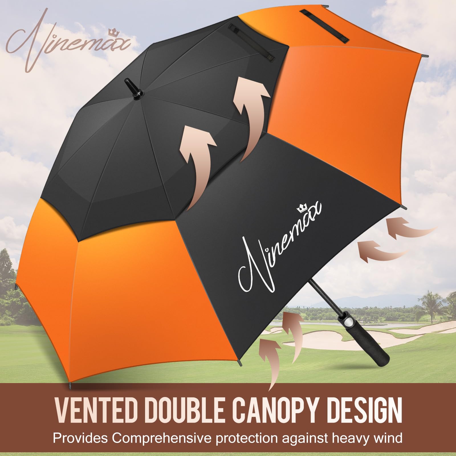 NINEMAX Grand Parapluie Golf, Ombrelle Grande Taille Anti Vent Solide Résistant, XL/XXL Parapluies Geant Tempete Incassable pour Homme Femme 2 Personnes
