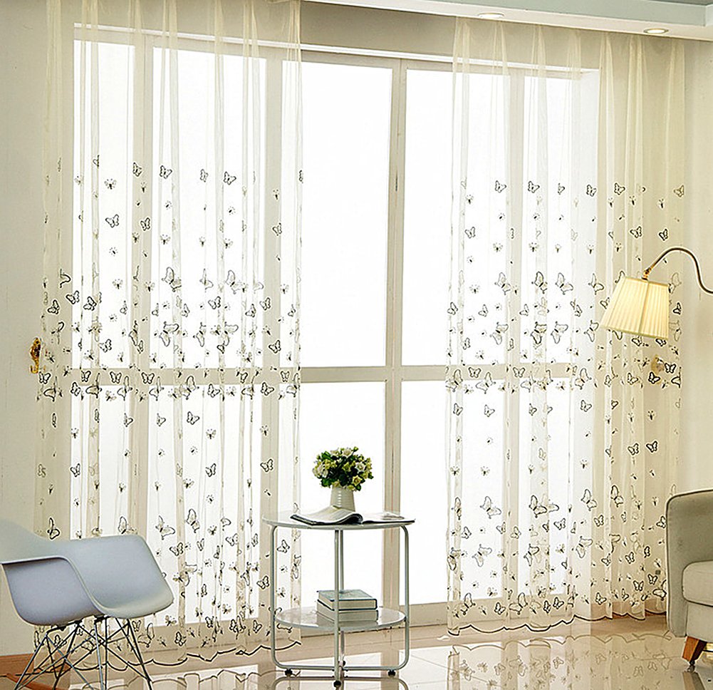 ABCWOO Exquisite Design Beautiful Butterfly Embroidered Sheer Curtain Rod Pocket Window Treatment/Voile Panel/Drapes For Bedroom Dining Room and Living Room(2 Panels, W 52 x L 104 inch, White)