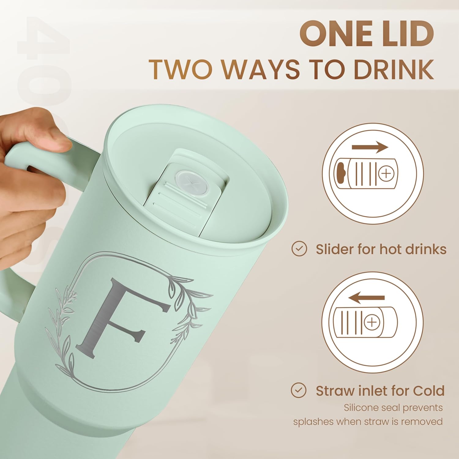 Personalized Monogrammed Tumbler with Handle 40oz, Letter F Tumblers Insulated Coffee Travel Cup, Custom Initial Gift for Women Girls Friends, Monogram Gift for Christmas Birthday Mothers Day - Image 5