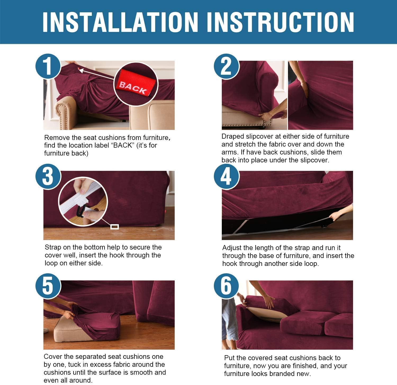 H.VERSAILTEX Velvet Stretch Sofa Covers for 3 Cushion Couch Bundle Loveseat Sofa Covers for 2 Cushion Couch Bundle 1 Seater Armchair Covers - Burgundy