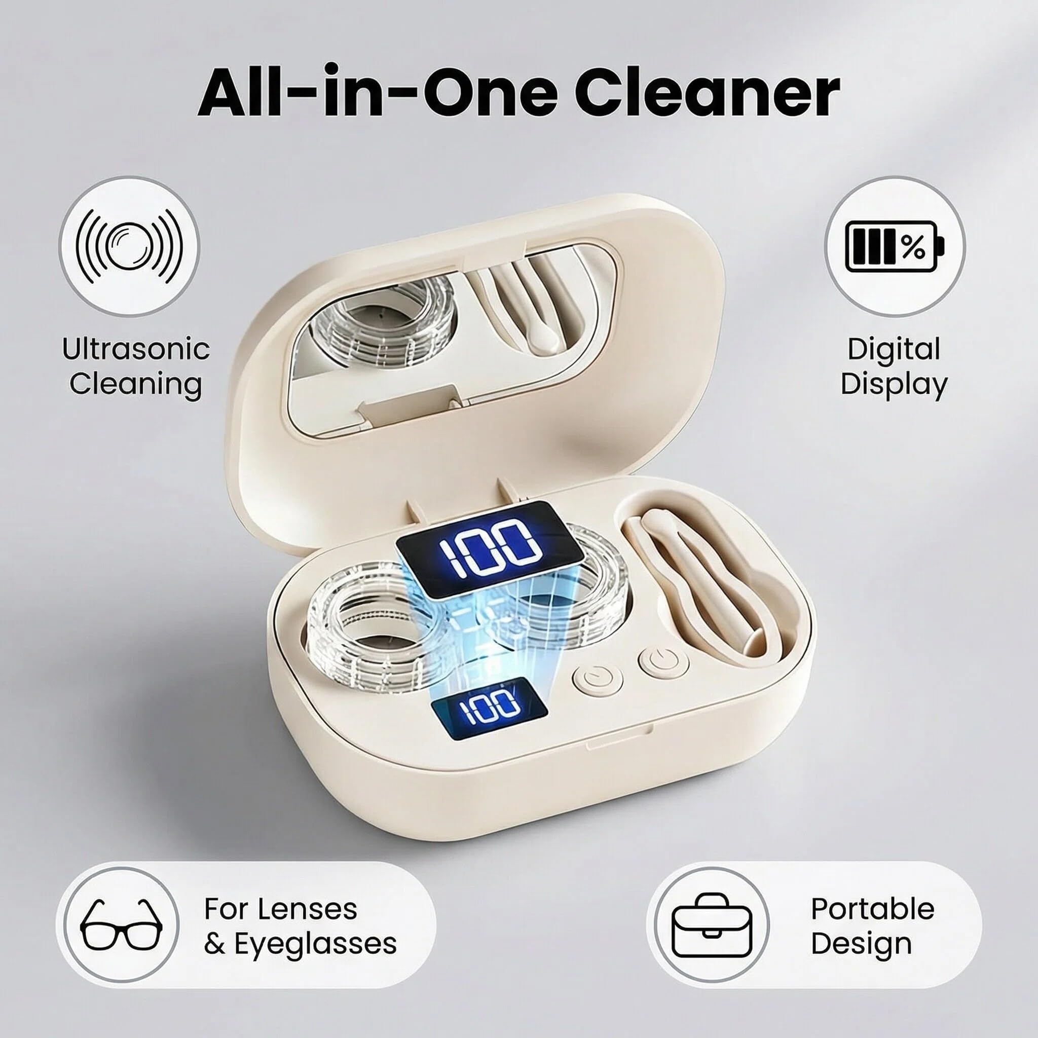 Ultrasonic Contact Lens Cleaner Machine, Electric Cleaning Case with Digital Display, Portable Ultrasonic Eyeglass Lens Cleaner Machine for Gym, Travel, Home, ContactLens Applicator Tool — view 2