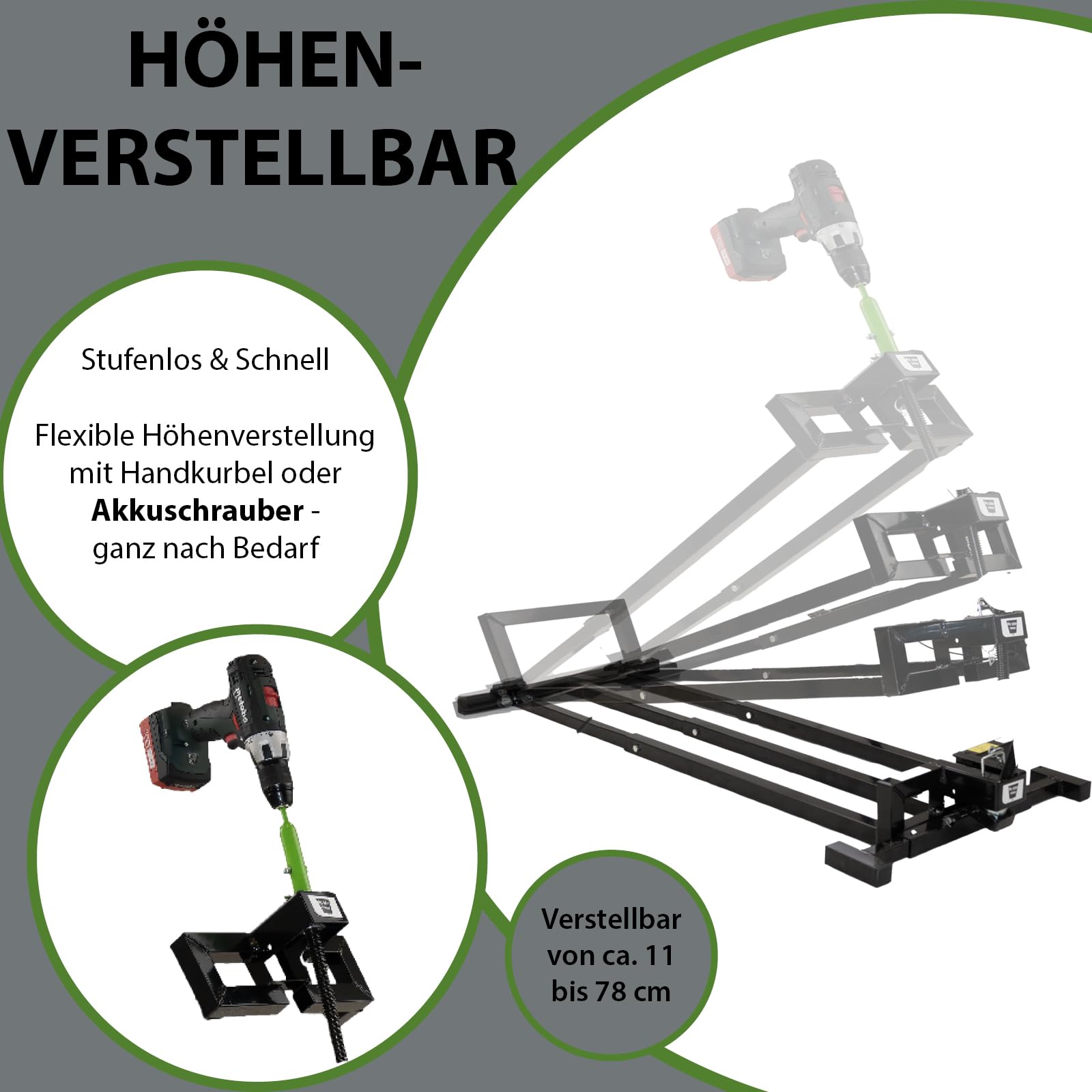 TRUTZHOLM Rasentraktorheber Heber für Rasentraktoren, Aufsitzmäher, 400 kg, Handkurbel und Adapter für Akkuschrauber Betrieb, stufenlos verstellbar, Neigung verstellbar platzsparend verstauen