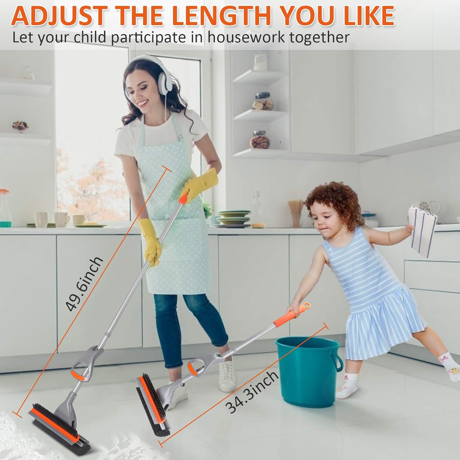 Baban Sponge Mop with Floor Brush and Squeegee, 34.6" Adjustable Length Mop, Strong Water Absorption, Easy to Dry, Squeeze Water by Hand, Equipped with a Spare Sponge : Health & Household