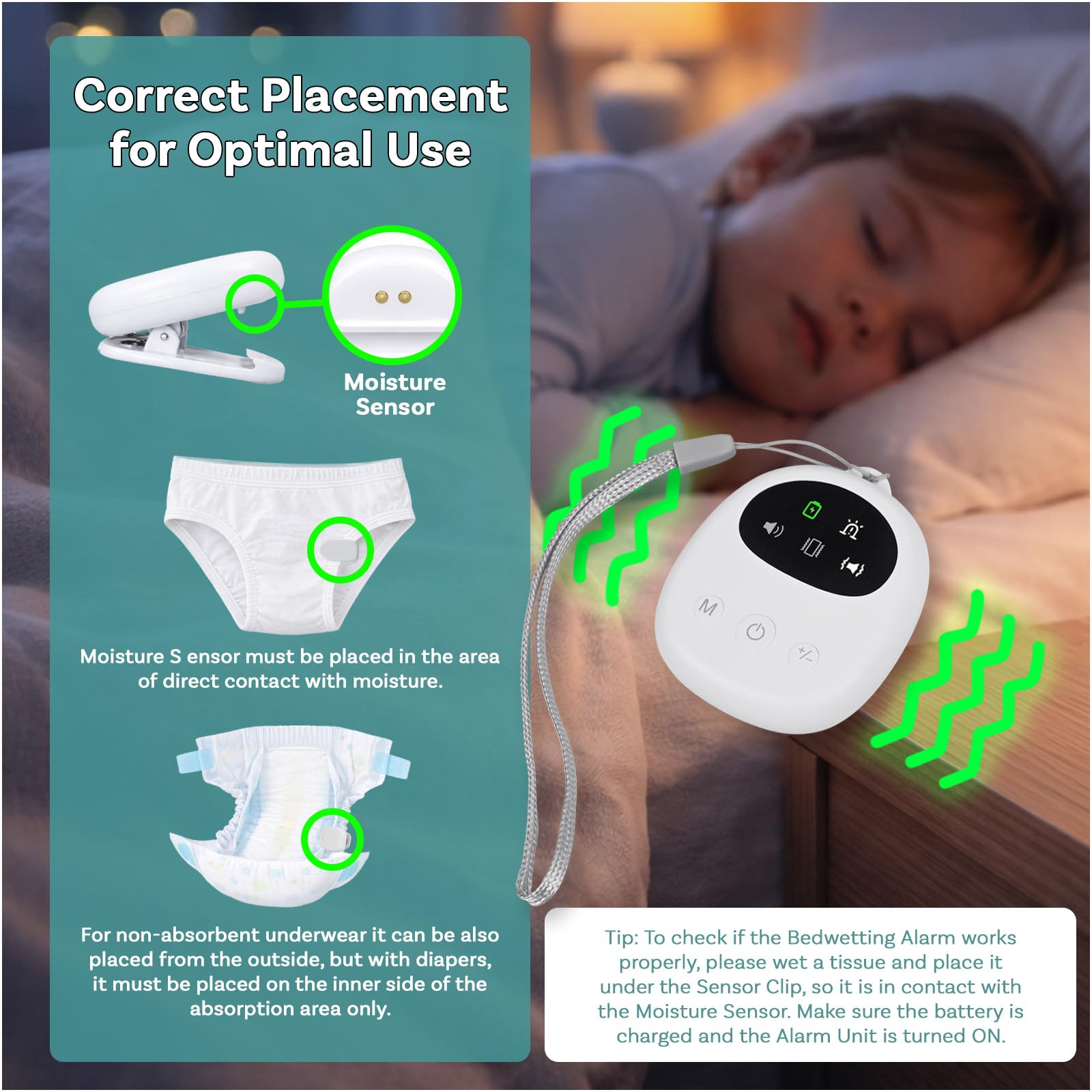 Allarme Enuresi Compatto per Bambini e Adulti di MMOBIEL – Sensore di Umidità Cablato con Clip – Suono, Vibrazione e Luce – Ricaricabile USB – Volume Regolabile – Apprendimento del Vasino