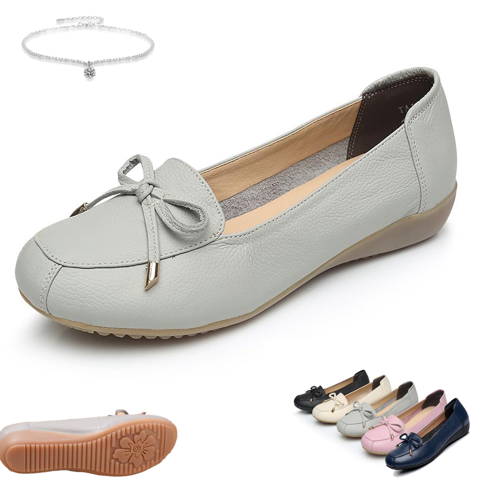 Ballerine da donna in pelle con fiocco, comode e morbide ballerine con punta tonda, mocassini da guida, casual da lavoro, scarpe da passeggio