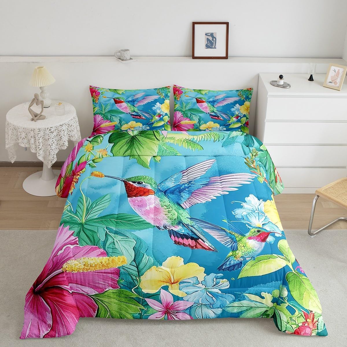 Erosebridal Hummingbird Comforter Set Full Size,Watercolor Wild Animals Down Comforter Botanical Flowers Bedding Set Jungle Wildlife Leaf Bed Quilt Rural Pastoral Style Bedroom Decor