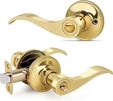 Wave Style Door Lever Keyed Entry Door Handle with Lock, Gold Entry Lever Reversible for Left or Right Handed Office or Front Door, Polished Brass Finish, 1 Pack