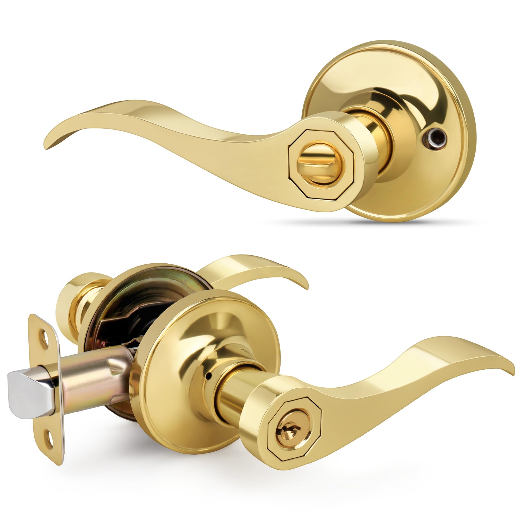 Manija de puerta estilo onda, manija de puerta de entrada con llave y cerradura, manija de entrada dorada reversible para zurdos y diestros para puerta delantera o de oficina con acabado de
