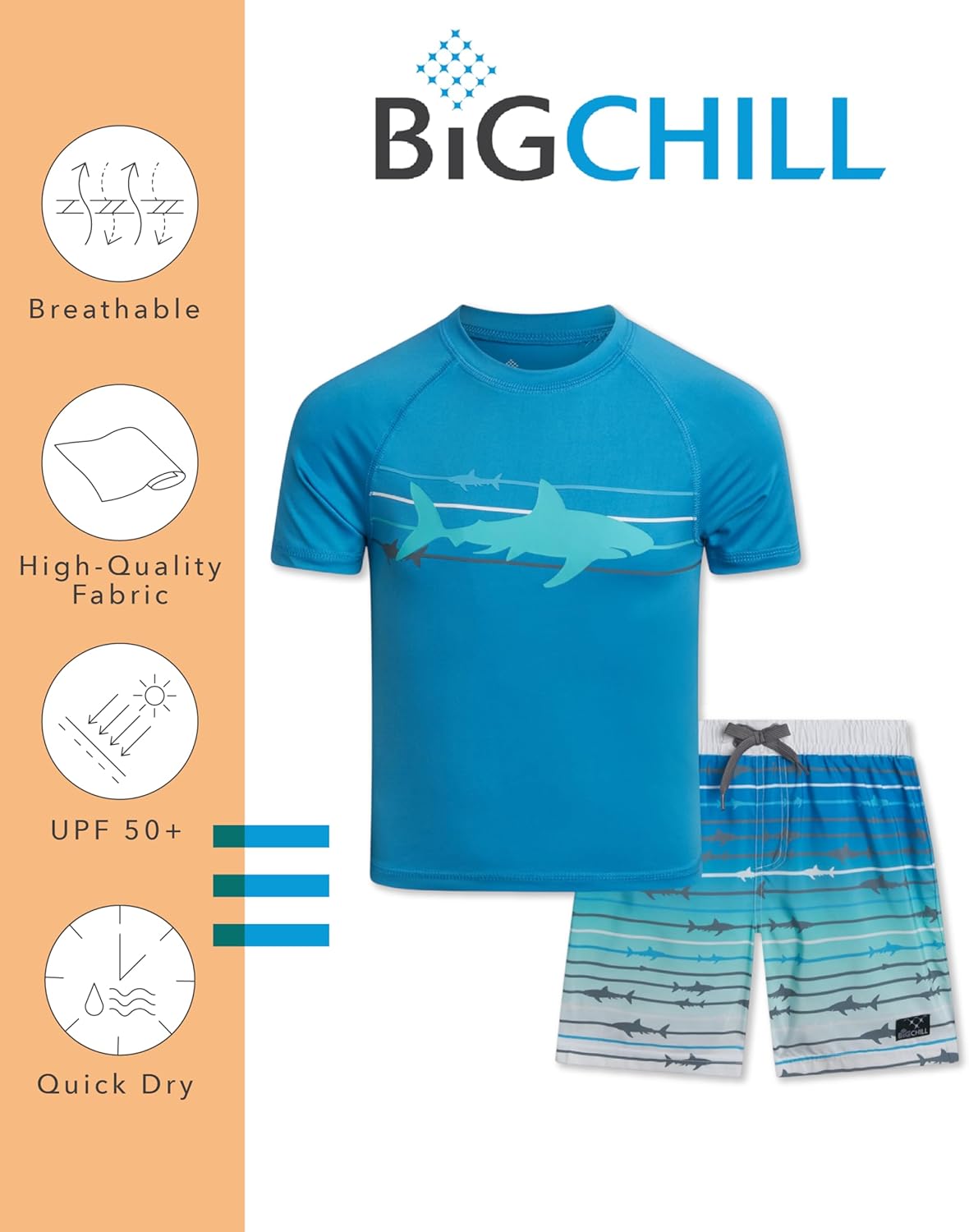 Big Chill Boys Swim Set - 2 Piece Quick Dry UPF 50 Short Sleeve Rash Guard for Boys and Swim Trunks - Swimwear Set for Kids