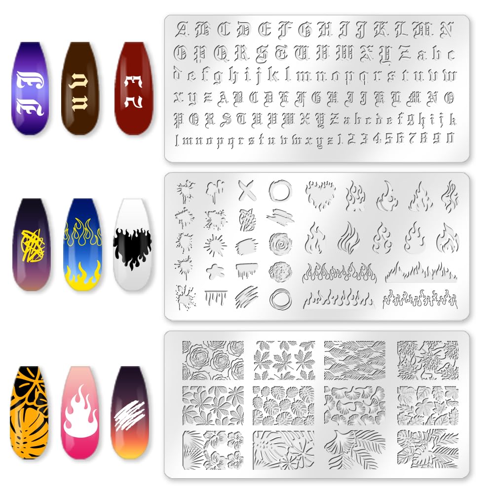 beinkmake 3Pcs Flame Nail Stamping Plate Letter Number Leaves Nail Stamp Templates Nail Art Stamp Plates Image Plate Stainless Steel DIY Reusable Tools with Stamper Scraper for Manicure Printing - Image 3