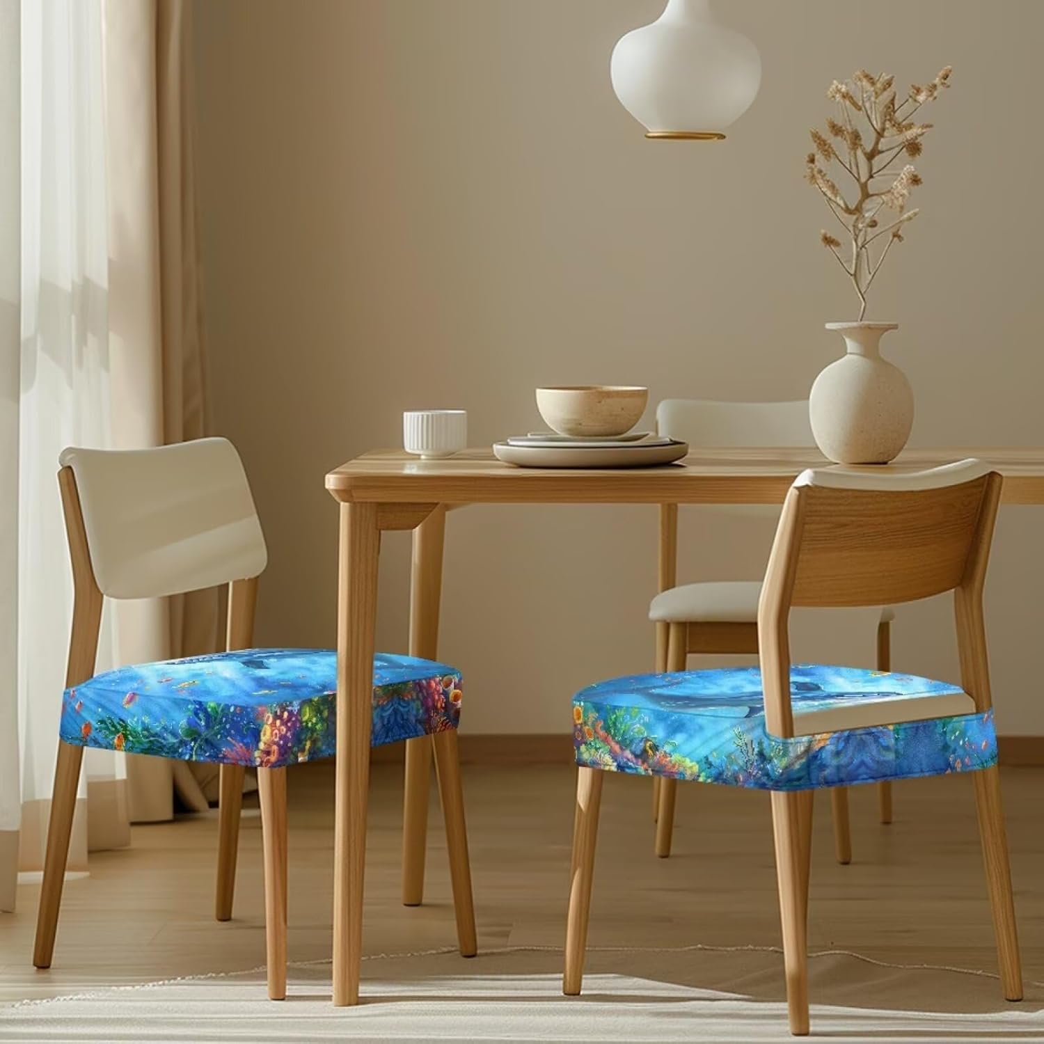 GLENLCWE Underwater Dolphin Chair Seat Covers Set of 4 Animal Print Dining Chair Slipcovers Stretch Soft Chair Covers Protector Non Slip Washable Parsons Chair Seat Covers for Home