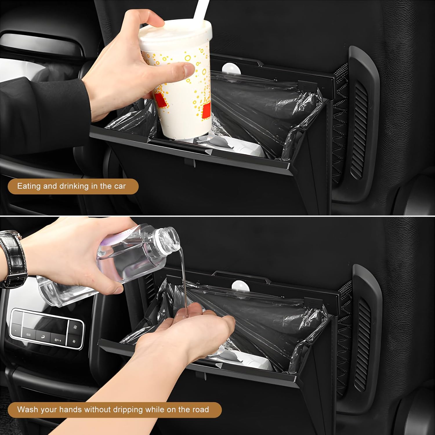 LED Car Trash Can, Strong Magnetic Garbage Can Leather Storage Pocket with 1 Roll Trash Bag, Leakproof Fast Closing Garbage Bin Portable LED Light Organizer for Most Vehicles (Brown)