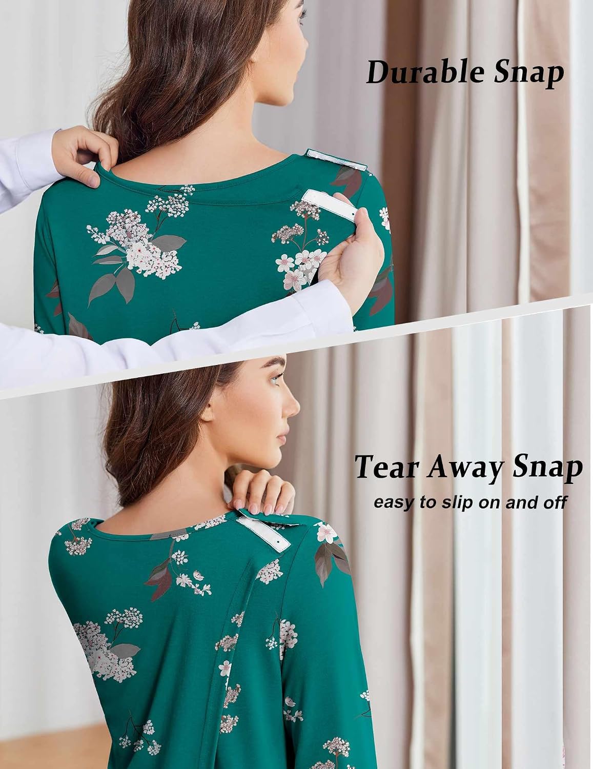 Deyeek Women's Open Back Hospital Gowns for Post Surgery | Long sleeve tear away dress with shoulder snaps. These adaptive nightgowns offer easy access and comfort for recovery.