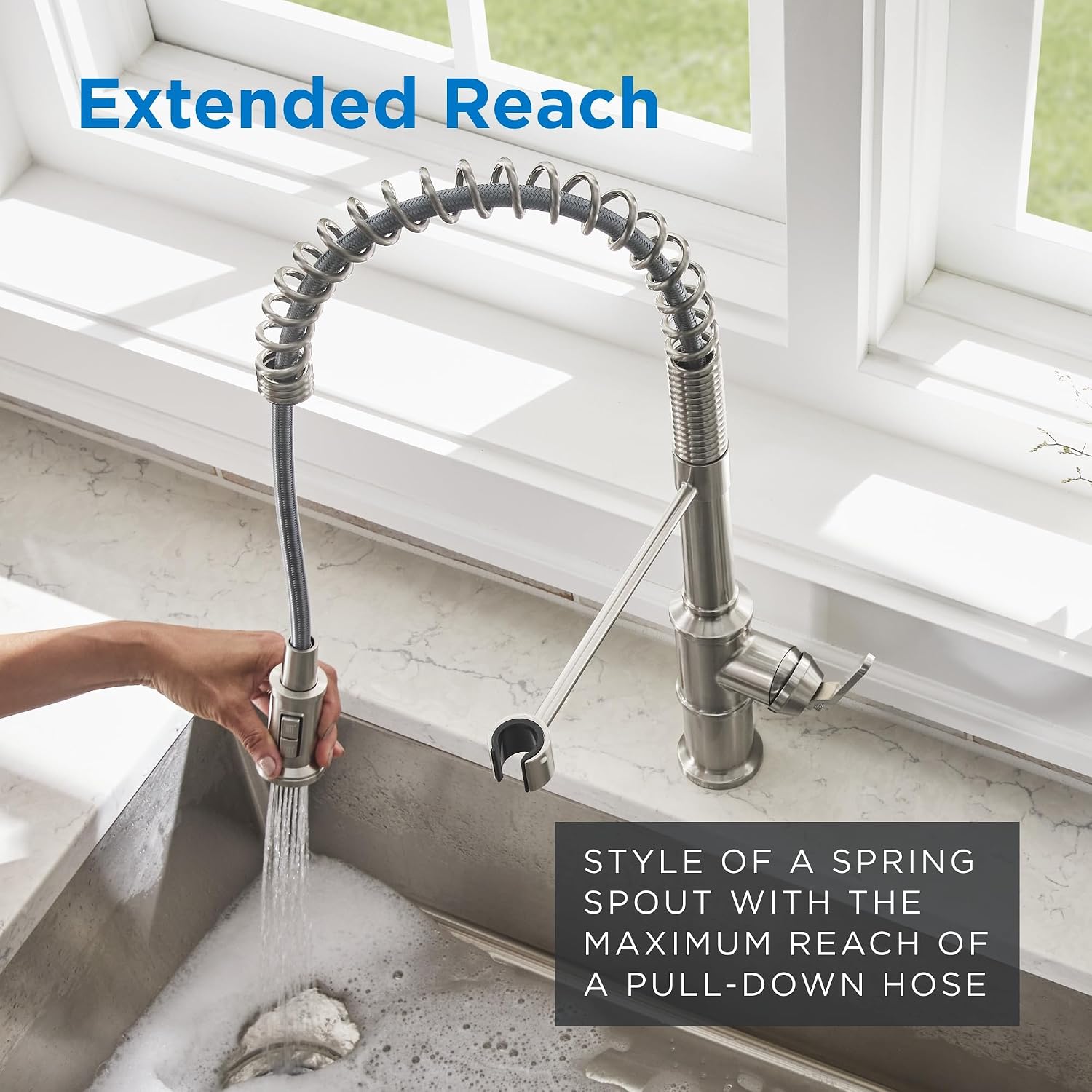 Gerber Kinzie Pre-Rinse Kitchen Faucet – Commercial-Transitional Style, Single Handle, High Arc Pull-Down Spring Spout, Dual Sprayhead, Metal Construction, 1-Hole Install, Stainless Steel, D455337SS