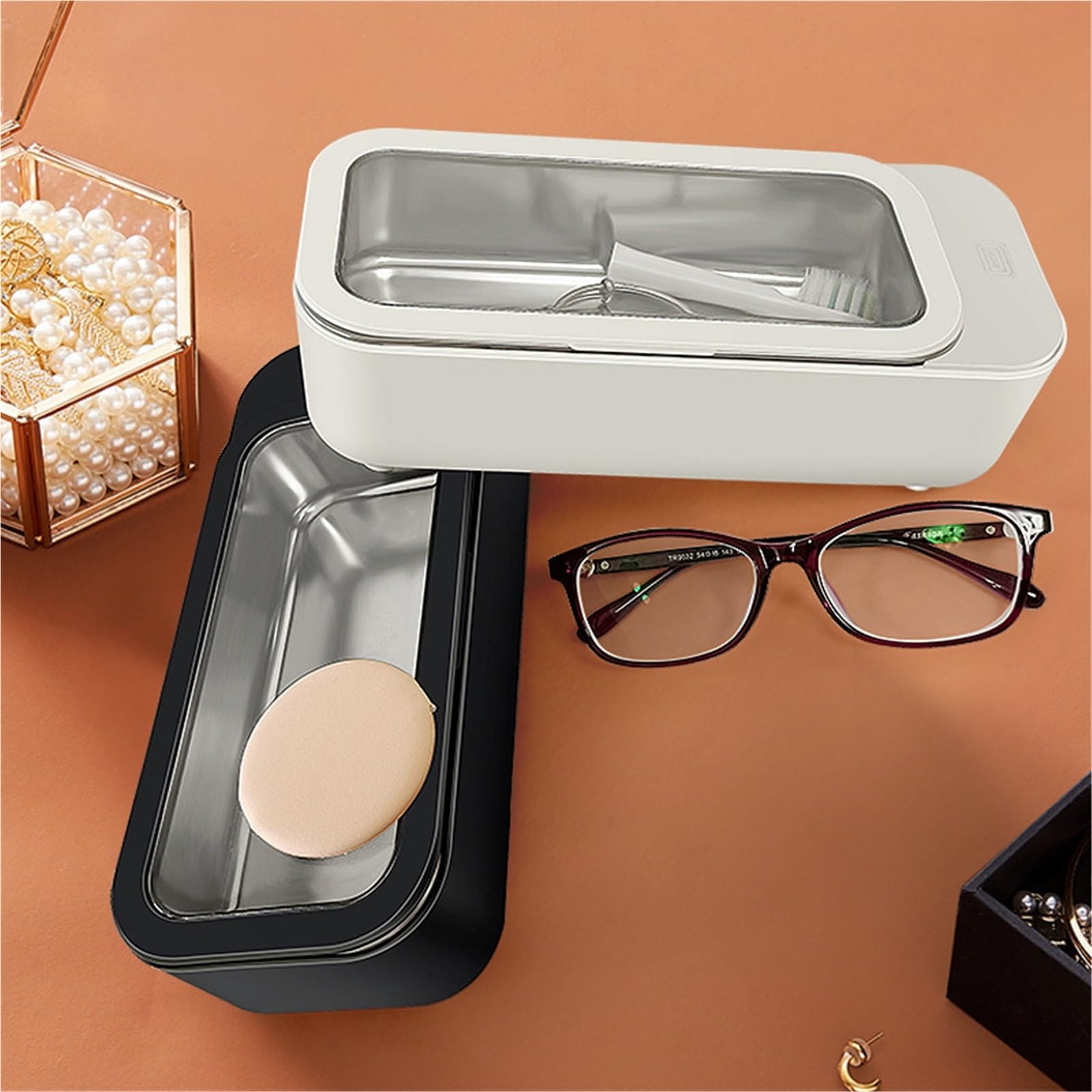 Per occhiali, Pulitore ad ultrasuoni Mini pulitore elettrico for pennelli da trucco portatile for uso domestico con vibrazione for gioielli, orologi e occhiali,Pulizia gioielli(White)