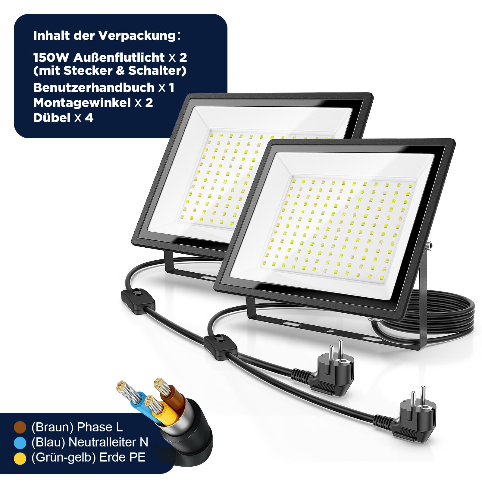 Glostars LED-Flutlicht 150W 16500LM 6500K, IP66 wasserdicht Außen, 160° Abstrahlwinkel, CRI 80-90, Druckguss-Aluminium, Sicherheitsglas, Druckventil – Für Garten, Garage, Baustelle, Terrasse(2 PACK)