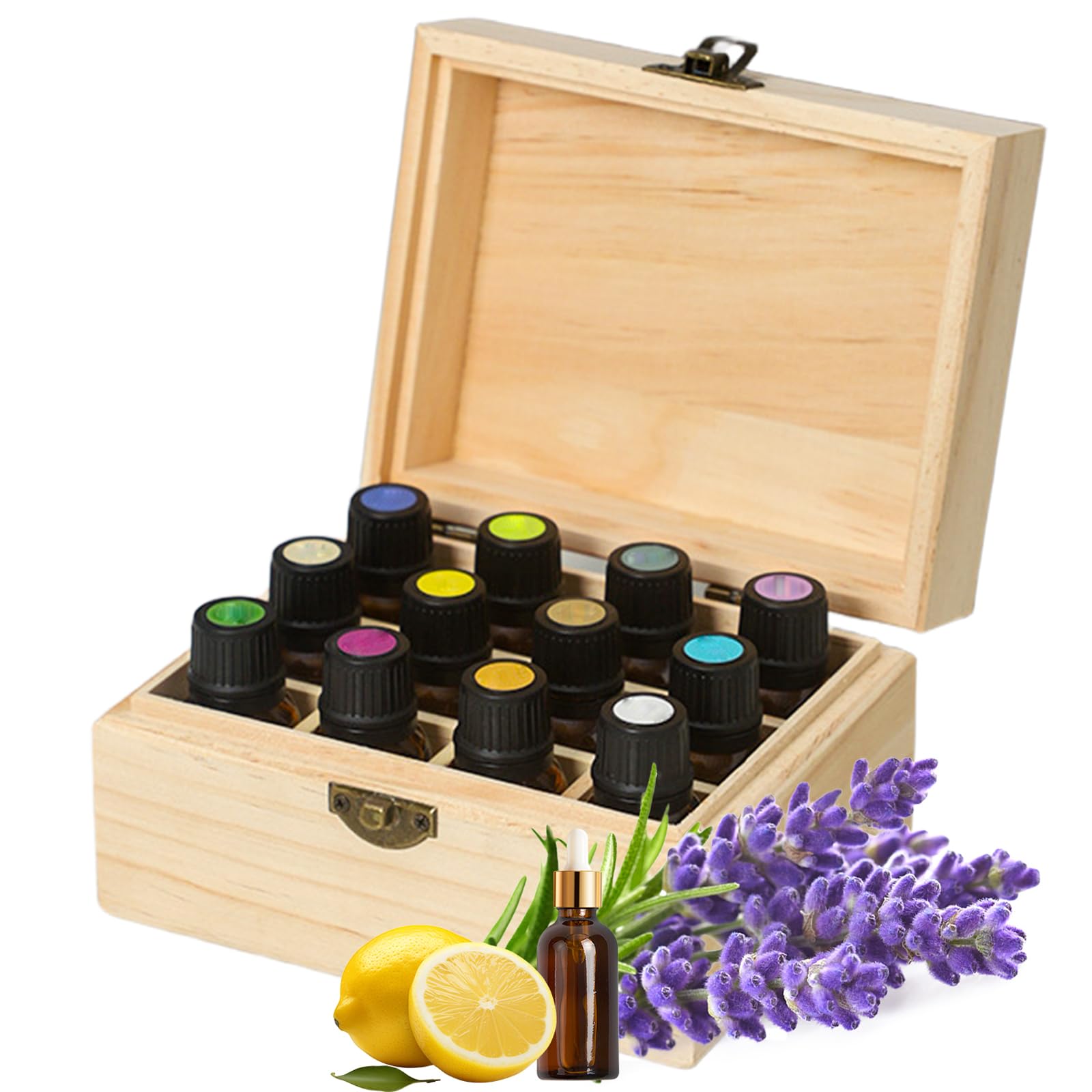 JasCherry 12 Slots Wooden Essential Oil Organizer, Hard Pine Wood Carrying Box, Holds 12 15 ml Aromatherapy Bottles, Ideal Organizer for Travel and Presentation