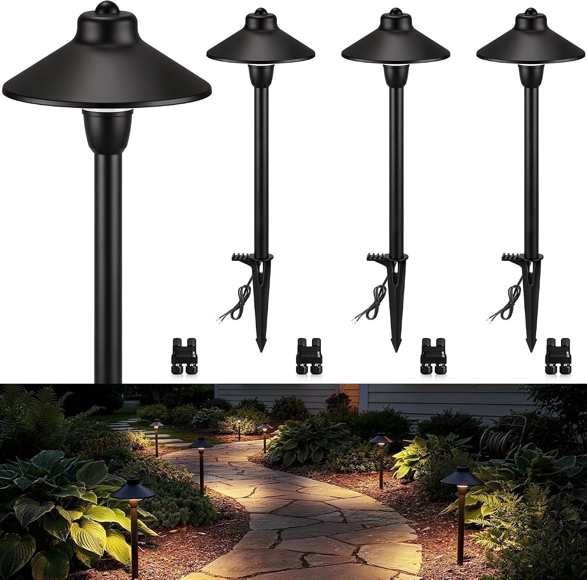 SUNVIE Paquete de 4 luces de camino de bajo voltaje de 6 pulgadas, 3 W, aluminio, 3000 K, negro | Luces de camino de paisaje, 150 lm, blanco cálido, 12-24 V CA/CC, cable certificado ETL, IP65 a prueba de agua, para entrada al aire libre, jardín y patio