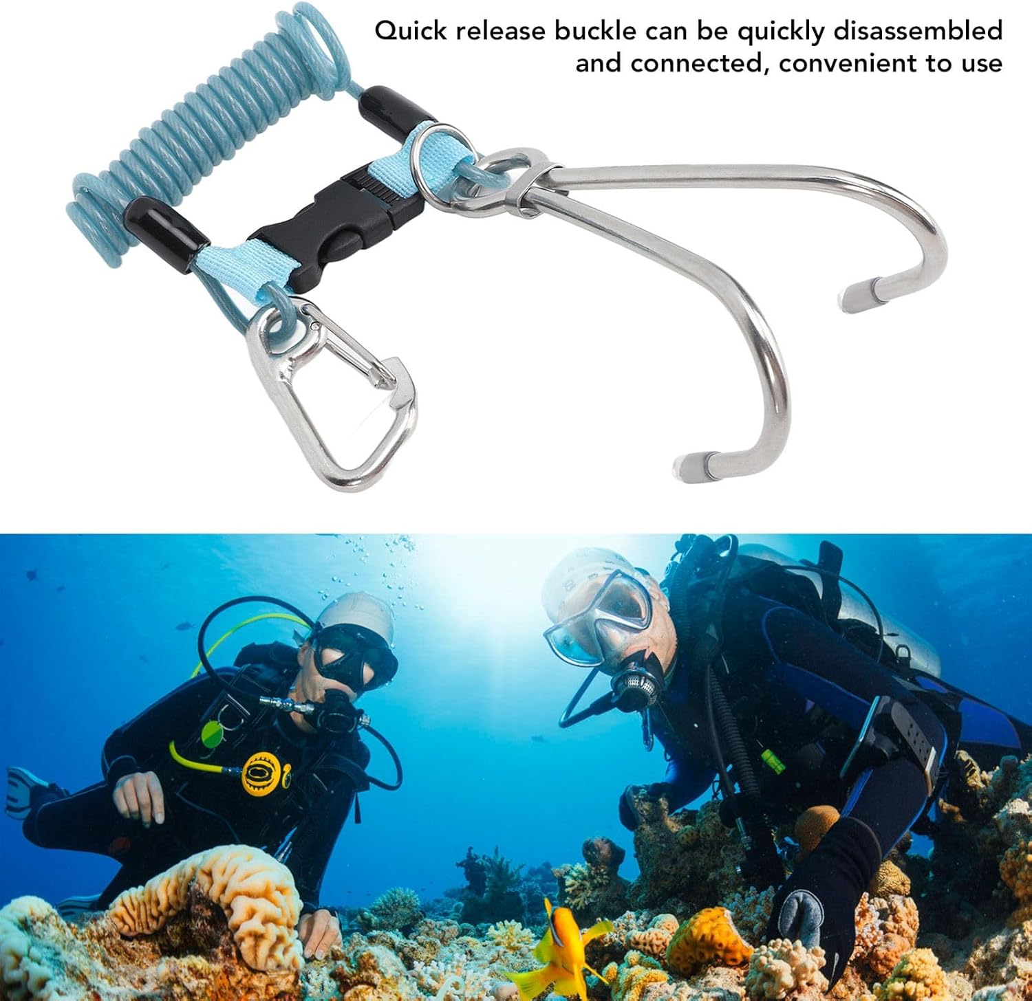 Scuba Diving Reef Hook, Stainless Steel Double End Snap Clip Spring Coiled Diving Hook with Quick Release Buckle for Underwater Activities