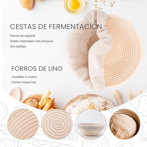 Miniatura 3 de Juego de 2 cestas redondas a prueba de pan, de 8.5 pulgadas, con forros, perfectas para hornear masa madre en el hogar