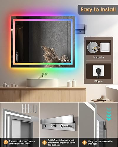 Miniatura 7 de oneup Espejo de baño LED de 40 x 32 pulgadas, espejo de baño RGB que cambia de color con luces, espejos de tocador antivaho para montar en la pared,