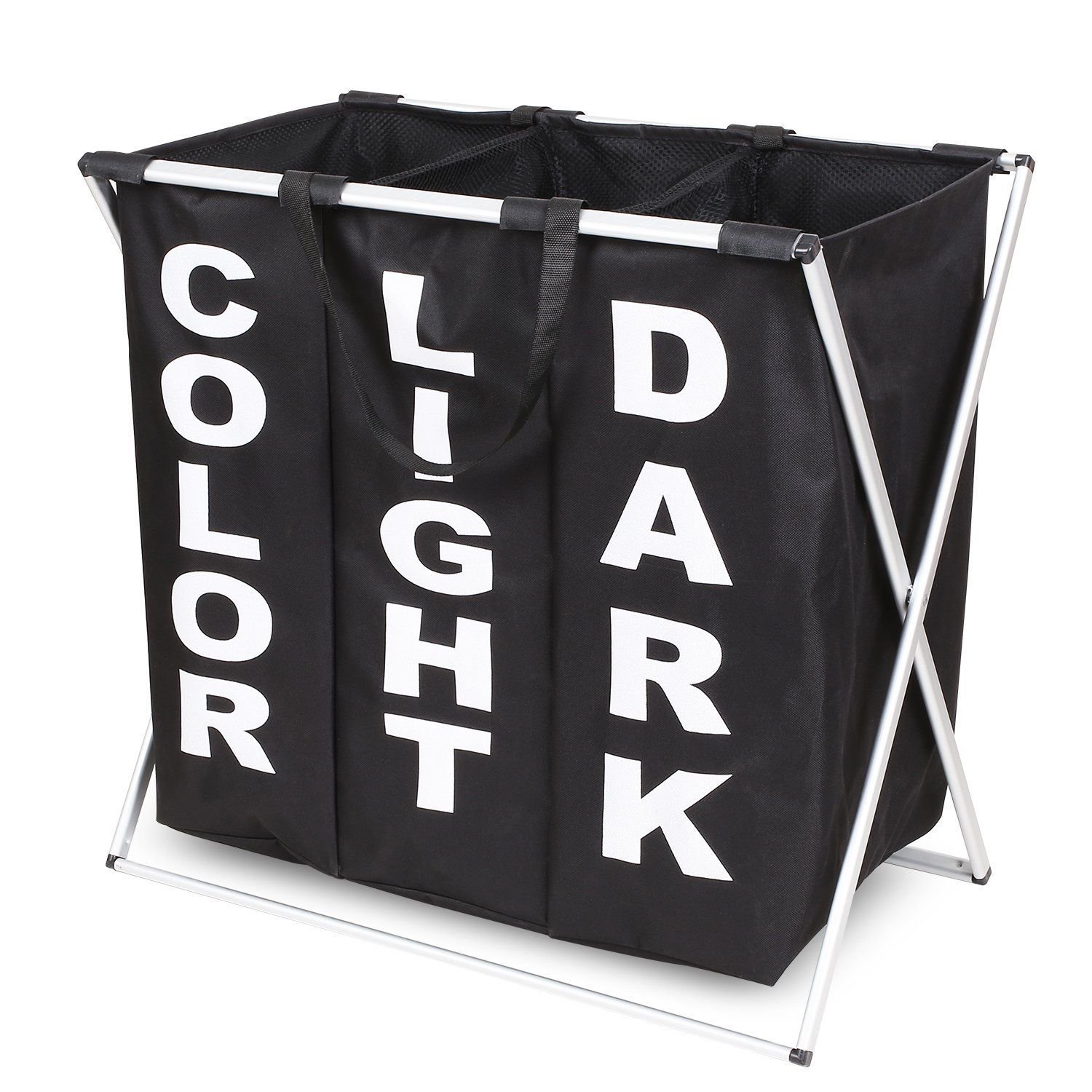 HOMIES, Foldable X Shape Frame 3 Compartment Laundry Bag/Hamper/Basket with Lid and Drawstring Closure. Metal Frame with Removable Canvas Bag. Assorted colors-image-44