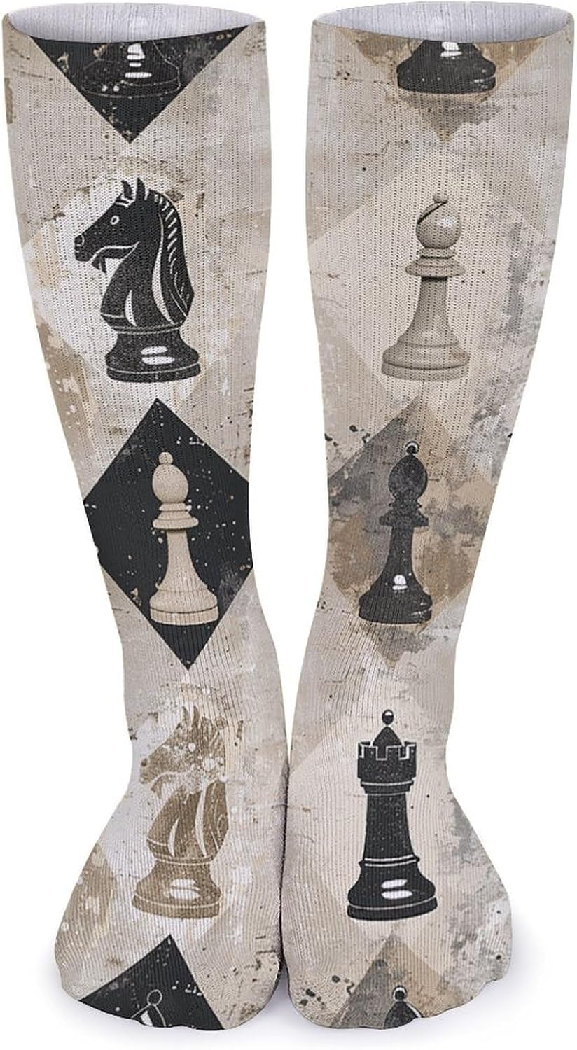 Breathable Crew Sock, Moisture Wicking, Athletic Calf Socks, Cozy | Chess Piece Brown Pattern Compression Socks for Women Men, Lightweight High Work Socks for Business, Casual