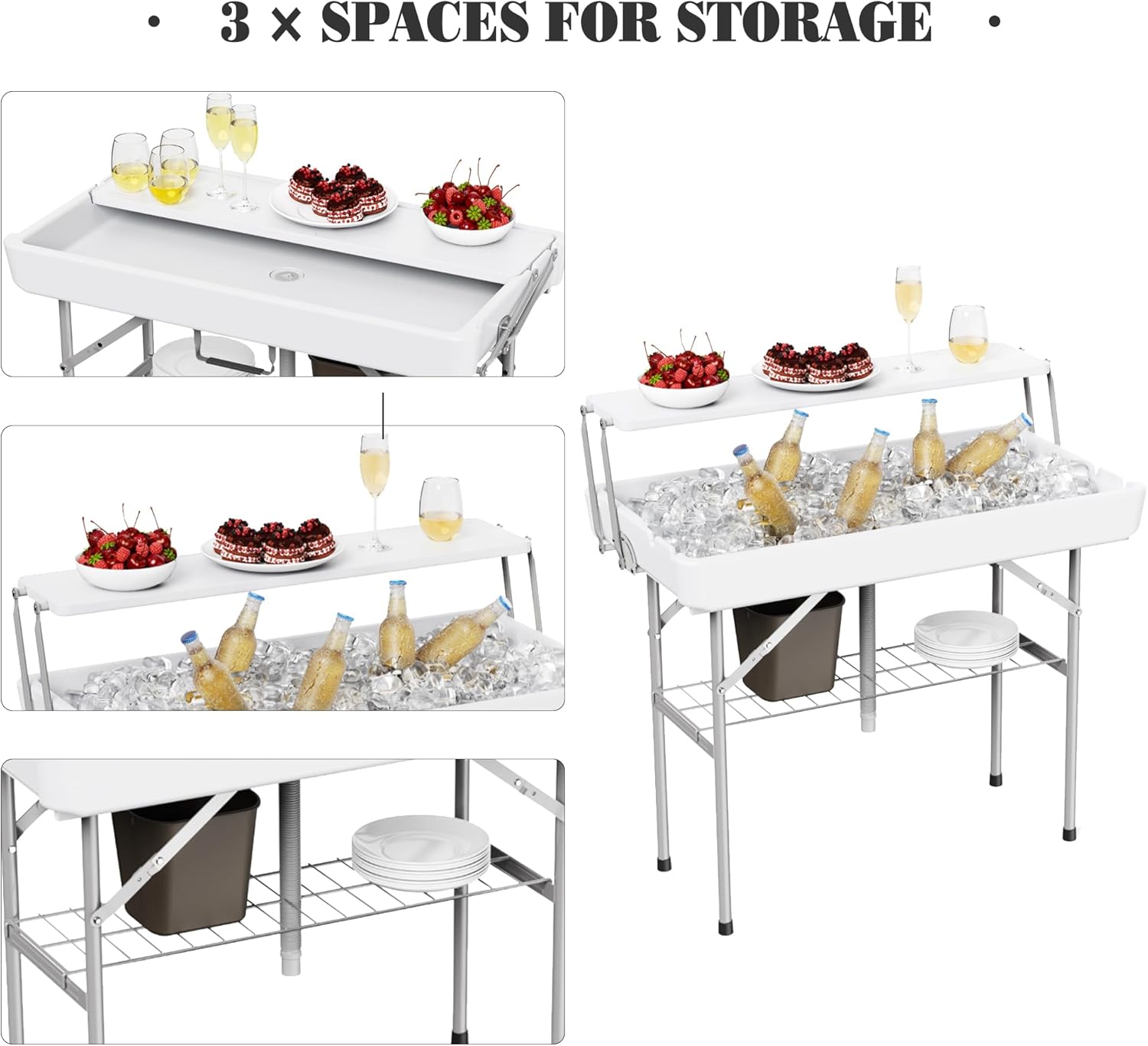 Allpop 2 Tiers Folding Ice Cooler Table with Matching Skirt, Portable Party Table with Grid Rack & Drain Hose for Patio Picnic Camping Wedding, White